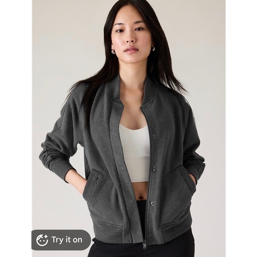 Athleta Coaster Luxe Bomber Jacket Dark Heather Grey Fleece Lined Women Large